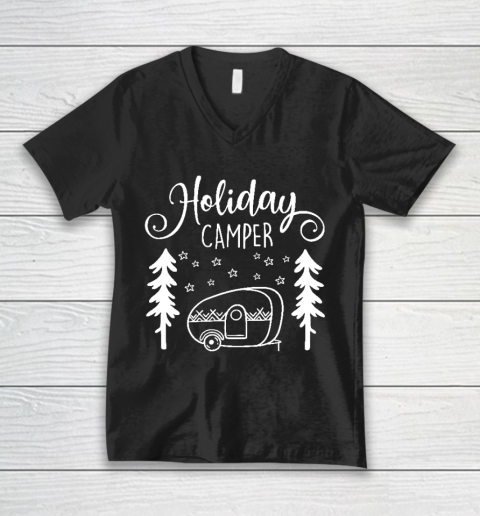 Happy Camping Shirt Red Holiday Camper  Christmas Trailer V-Neck T-Shirt