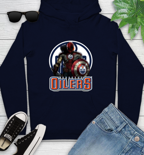 NHL Captain America Thor Spider Man Hawkeye Avengers Endgame Hockey Edmonton Oilers Youth Hoodie 4