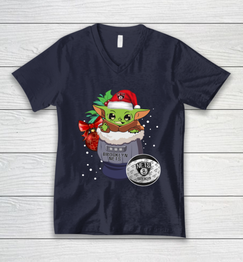 Brooklyn Nets Christmas Baby Yoda Star Wars Funny Happy NBA V-Neck T-Shirt 3