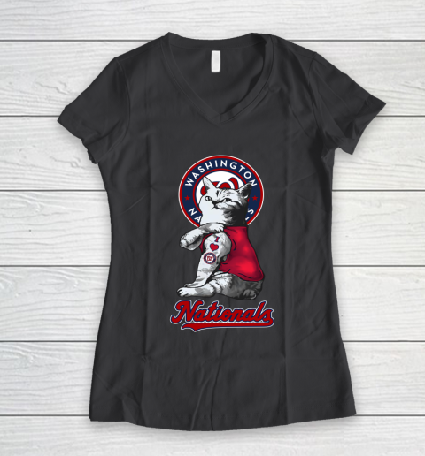 MLB Baseball My Cat Loves Washington Nationals Women's V-Neck T-Shirt 6