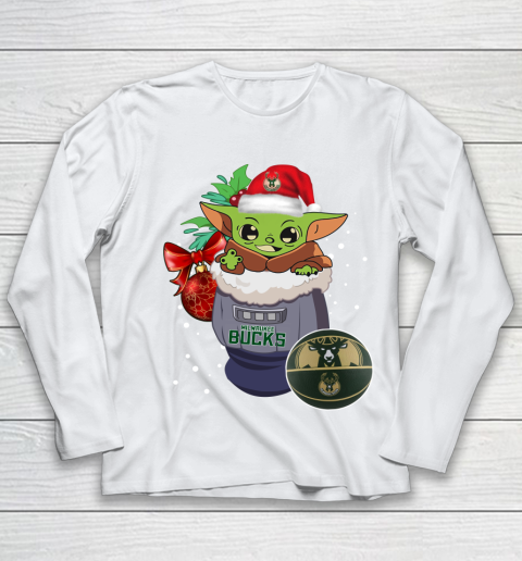 Milwaukee Bucks Christmas Baby Yoda Star Wars Funny Happy NBA Youth Long Sleeve 2