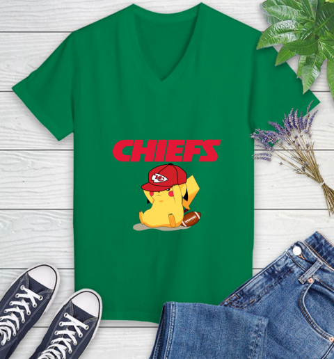 NFL Pikachu Football Sports Kansas City Chiefs Women's V-Neck T-Shirt 5