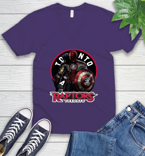 Toronto Raptors NBA Basketball Captain America Thor Spider Man Hawkeye Avengers V-Neck T-Shirt 10