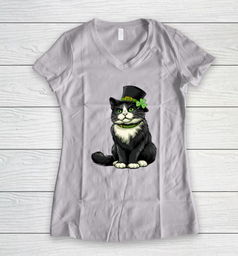 Girls Cat St Patricks Day Shamrock Irish Women's V-Neck T-Shirt