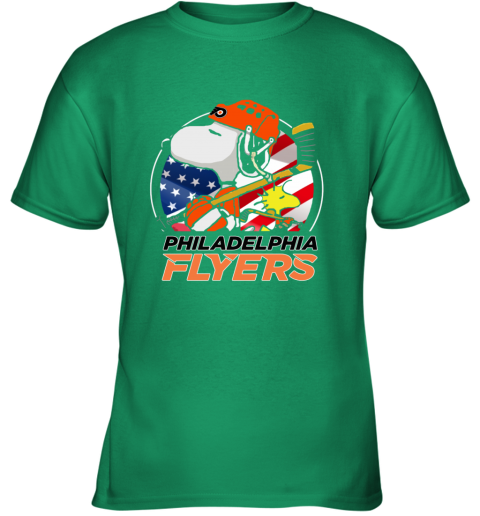 l5lt philadelphia flyers snoopy and woodstock nhl youth t shirt 26 front irish green