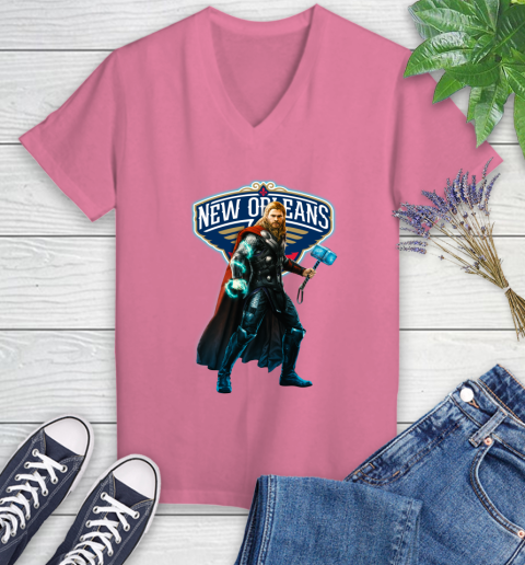 NBA Thor Avengers Endgame Basketball New Orleans Pelicans Women's V-Neck T-Shirt 13