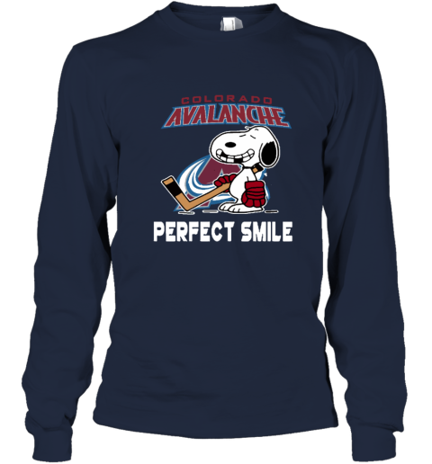 t9qv colorado avalanche snoopy perfect smile the peanuts long sleeve tee 14 front navy