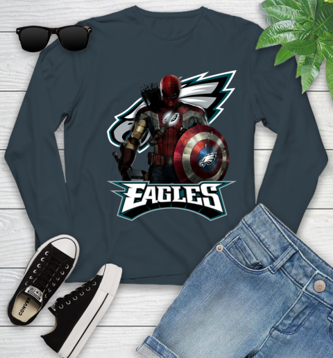 NFL Captain America Thor Spider Man Hawkeye Avengers Endgame Football Philadelphia Eagles Youth Long Sleeve 8