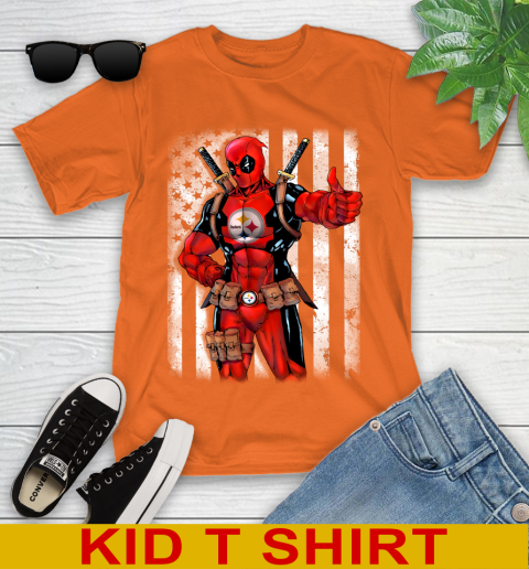 NFL Football Pittsburgh Steelers Deadpool American Flag Shirt Youth T-Shirt 8