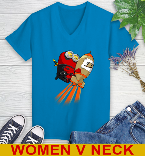 NHL Hockey Anaheim Ducks Deadpool Minion Marvel Shirt Women's V-Neck T-Shirt 7