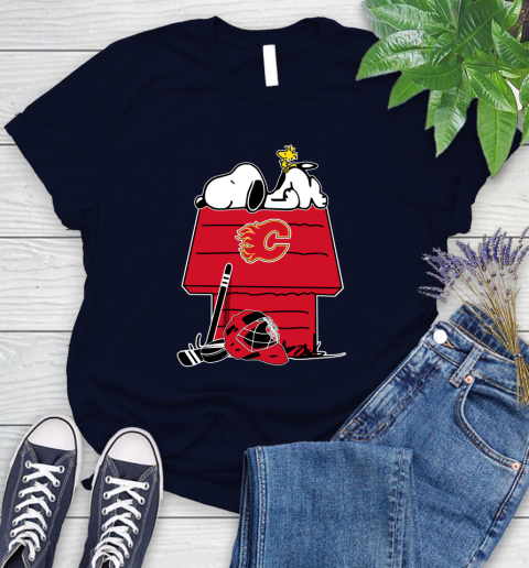 Calgary Flames NHL Hockey Snoopy Woodstock The Peanuts Movie Women's T-Shirt 3