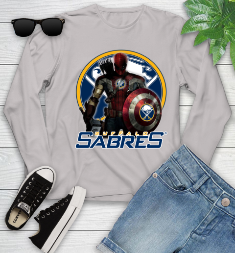 NHL Captain America Thor Spider Man Hawkeye Avengers Endgame Hockey Buffalo Sabres Youth Long Sleeve 12