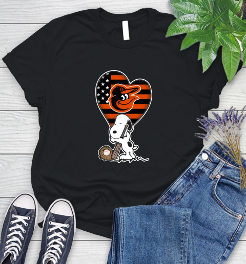 Baltimore Orioles MLB Baseball The Peanuts Movie Adorable Snoopy Women's T-Shirt 2