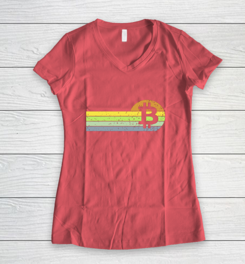 Bitcoin BTC Vintage Sunset Crypto Cryptocurrency Blockchain Women's V-Neck T-Shirt 4