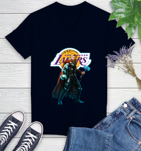 NBA Thor Avengers Endgame Basketball Los Angeles Lakers Women's V-Neck T-Shirt 3