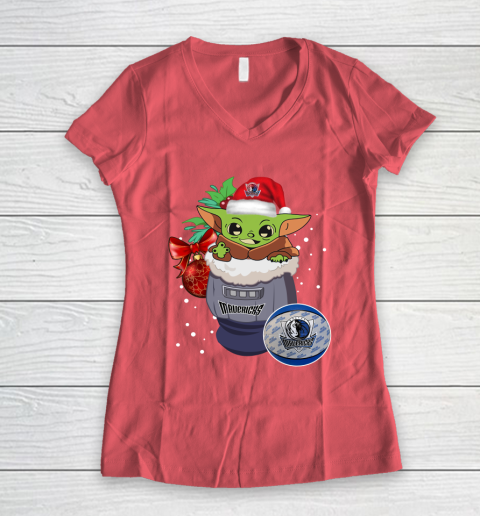 Dallas Mavericks Christmas Baby Yoda Star Wars Funny Happy NBA Women's V-Neck T-Shirt 6