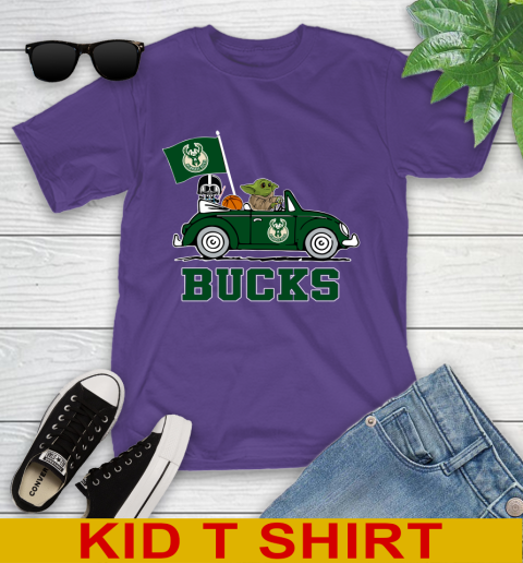 NBA Basketball Milwaukee Bucks Darth Vader Baby Yoda Driving Star Wars Shirt Youth T-Shirt 4