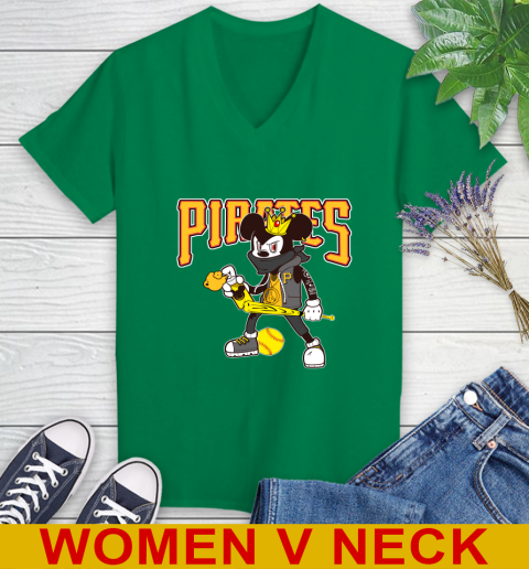 Pittsburgh Pirates MLB Baseball Mickey Peace Sign Sports Women's V-Neck T-Shirt 6