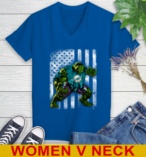 Miami Dolphins Hulk Marvel Avengers NFL Football American Flag Women's V-Neck T-Shirt 9
