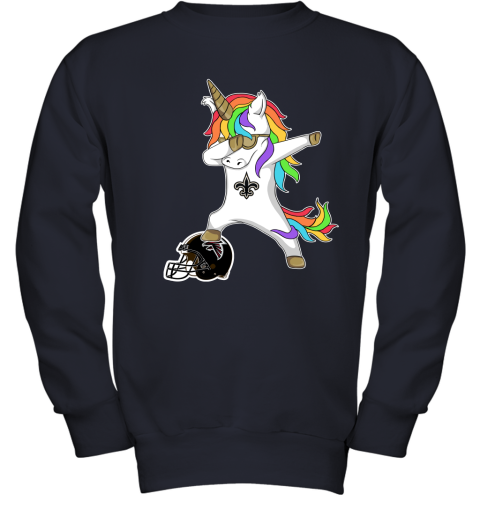 3agv football dabbing unicorn steps on helmet new orleans saints youth sweatshirt 47 front navy