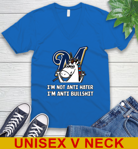 Milwaukee Brewers MLB Baseball Unicorn I'm Not Anti Hater I'm Anti Bullshit V-Neck T-Shirt 6