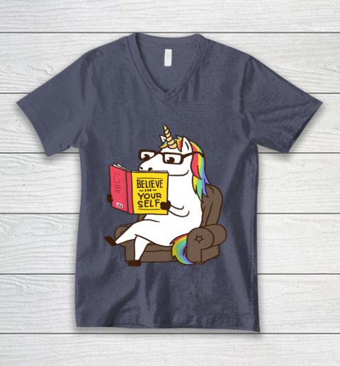 Unicorn Shirt Believe in Yourself Motivational Book Lover V-Neck T-Shirt 8