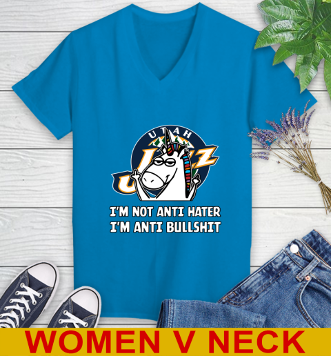 Utah Jazz NBA Basketball Unicorn I'm Not Anti Hater I'm Anti Bullshit Women's V-Neck T-Shirt 8