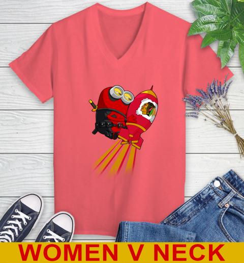 NHL Hockey Chicago Blackhawks Deadpool Minion Marvel Shirt Women's V-Neck T-Shirt 6