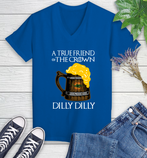 NFL Miami Dolphins A True Friend Of The Crown Game Of Thrones Beer Dilly Dilly Football Shirt Women's V-Neck T-Shirt 10
