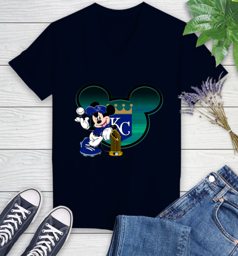 MLB Kansas City Royals The Commissioner's Trophy Mickey Mouse Disney Women's V-Neck T-Shirt 3