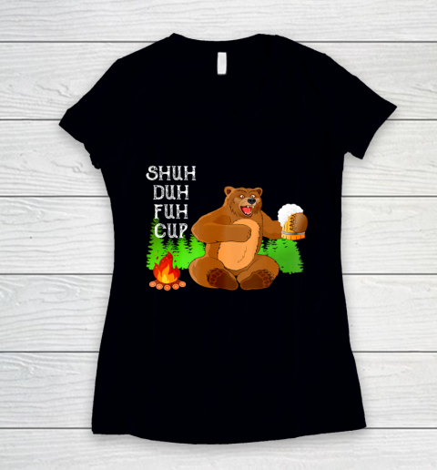 Shuh Duh Fuh Cup Bear Drinking Beer Camping Vintage Funny Women's V-Neck T-Shirt