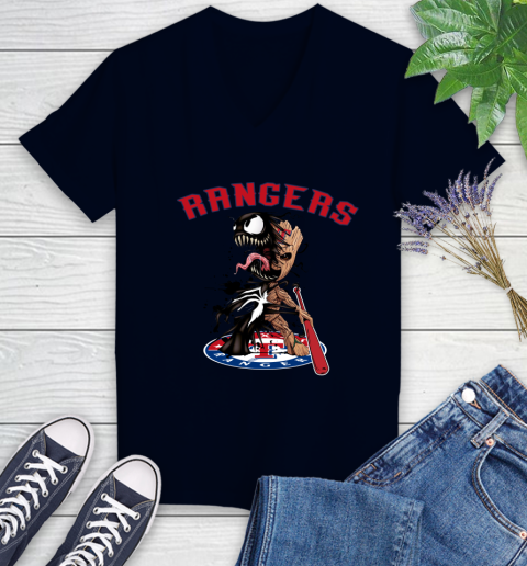 MLB Texas Rangers Baseball Venom Groot Guardians Of The Galaxy Women's V-Neck T-Shirt 3