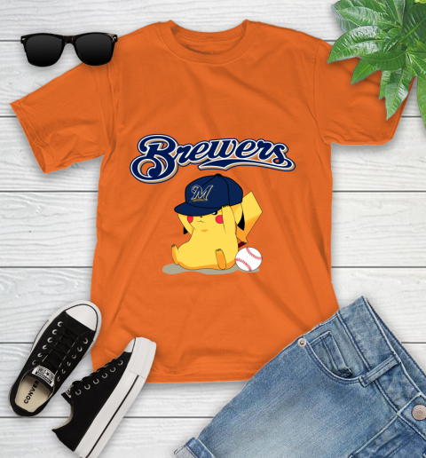 MLB Pikachu Baseball Sports Milwaukee Brewers Youth T-Shirt 7