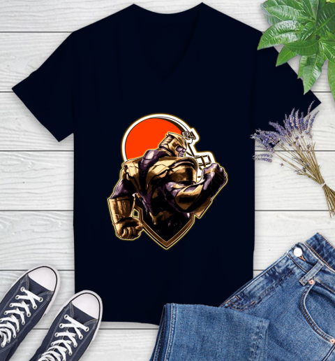 NFL Thanos Avengers Endgame Football Sports Cleveland Browns Women's V-Neck T-Shirt 3