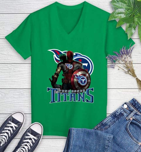 NFL Captain America Thor Spider Man Hawkeye Avengers Endgame Football Tennessee Titans Women's V-Neck T-Shirt 5