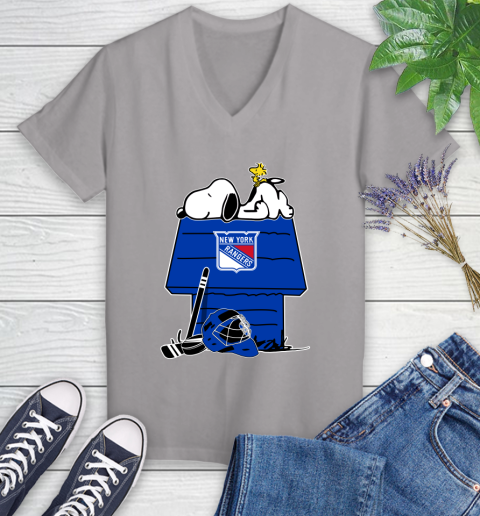 New York Rangers NHL Hockey Snoopy Woodstock The Peanuts Movie Women's V-Neck T-Shirt 4