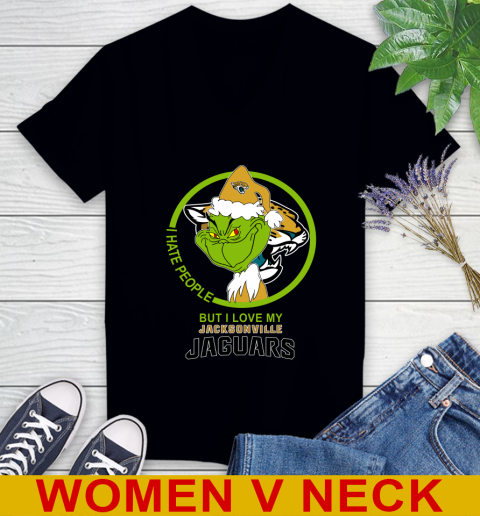 Jacksonville Jaguars NFL Christmas Grinch I Hate People But I Love My Favorite Football Team Women's V-Neck T-Shirt 2