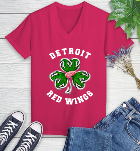 NHL Detroit Red Wings Three Leaf Clover St Patrick's Day Hockey Sports Women's V-Neck T-Shirt 9