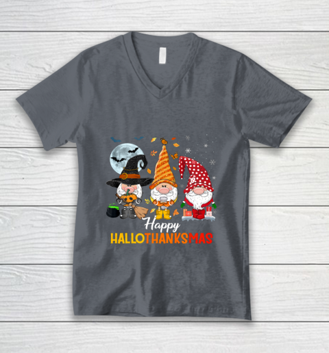 Gnomes Halloween And Merry Christmas Happy Hallothanksmas V-Neck T-Shirt 4