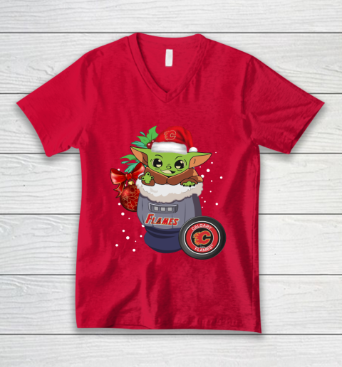 Calgary Flames Christmas Baby Yoda Star Wars Funny Happy NHL V-Neck T-Shirt 7