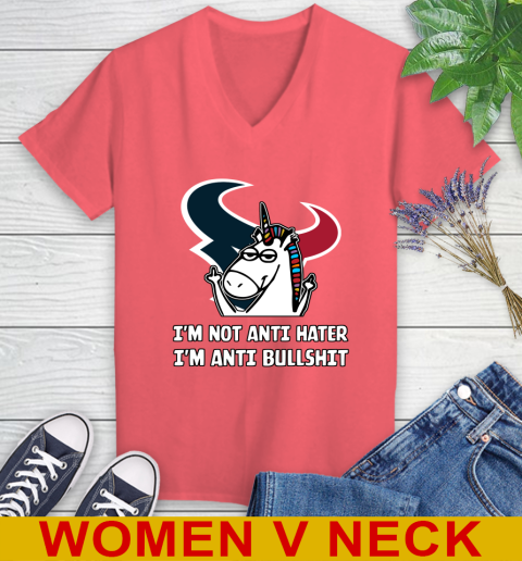 Houston Texans NFL Football Unicorn I'm Not Anti Hater I'm Anti Bullshit Women's V-Neck T-Shirt 7