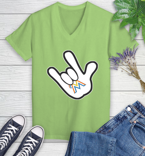 Miami Marlins MLB Baseball Mickey Rock Hand Disney Women's V-Neck T-Shirt 11