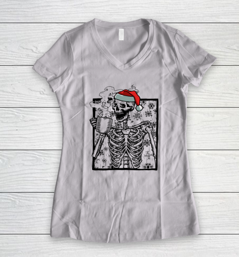 Skeleton Drinking Coffee Shirt Death Drinking Coffee Skeleton Christmas Women's V-Neck T-Shirt