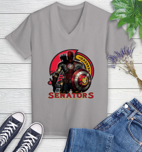 NHL Captain America Thor Spider Man Hawkeye Avengers Endgame Hockey Ottawa Senators Women's V-Neck T-Shirt 4
