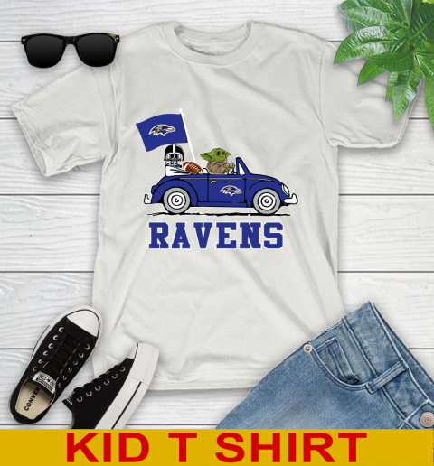 NFL Football Baltimore Ravens Darth Vader Baby Yoda Driving Star Wars Shirt Youth T-Shirt 12