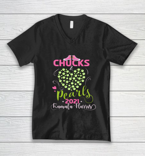Kamala Harris Chucks and Pearls 2021 Pink and Green V-Neck T-Shirt