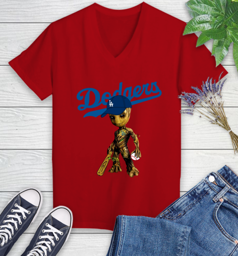 MLB Los Angeles Dodgers Groot Guardians Of The Galaxy Baseball Women's V-Neck T-Shirt 12