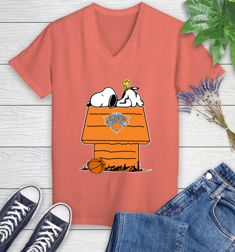 New York Knicks NBA Basketball Snoopy Woodstock The Peanuts Movie Women's V-Neck T-Shirt 6
