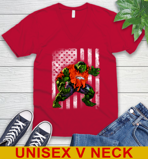 Denver Broncos Hulk Marvel Avengers NFL Football American Flag V-Neck T-Shirt 6