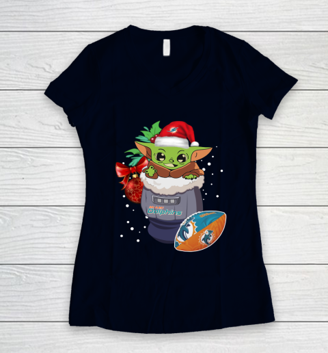 Miami Dolphins Christmas Baby Yoda Star Wars Funny Happy NFL Women's V-Neck T-Shirt 3